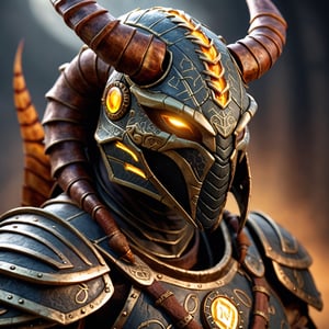 Photo  close up, of  an anthro scorpion on his armor detailed eye's, ancient rune armour, glowing runes, epic light, looking_at_viewer:1.3