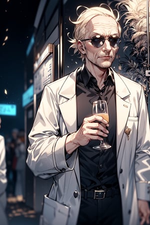 1men, old, alco problem, rick from rick and morty, drunk, (scientist's white coat), (off shoulder shot), wallpaper, cinematic,High detailed,,