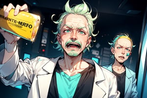 1men, old, alco problem, rick from rick and morty, drunk, (scientist's white coat), 1men, morty from rick and morty, yellow t-shirt, young boy, silly, (epic low shot), wallpaper, cinematic,High detailed,,