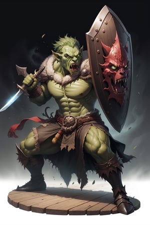 best_quality,full_body, with a sword and wooden shield, transparent_background, berserk, green orc, wearing a black platemail, angry, attacking pose