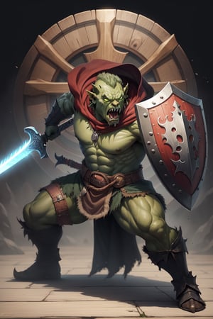 best_quality,full_body, with a sword and wooden shield, transparent_background, berserk, green orc, wearing a black platemail, angry, attacking pose