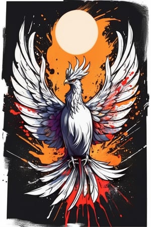 Centered image,  bits of color,  hand drawn,  realistic sketch,  Rough sketch,  bold lines,  splash art,  Artwork of T-shirt design,  white background,  phoenix,  hell,  moonlight,  flat illustration,  high contrast,  vibrant vector,  vector image,  8k,