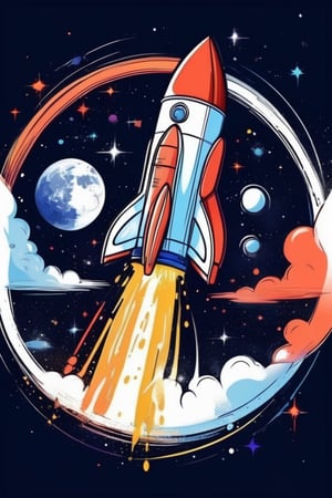 Centered image,  bits of color,  hand drawn,  realistic sketch,  Rough sketch,  bold lines,  splash art,  Artwork of T-shirt design,  white background,  rocket,  outer_space,  fullmoon,  flat illustration,  high contrast,  vibrant vector,  vector image,  8k,