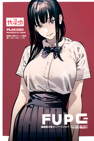 (masterpiece, best quality:1.2), fujimoto, 1girl, solo, blunt bangs, long hair, black hair, grey eyes, white shirt, collared shirt, short sleeves, red bowtie, black pleated skirt, smile, large breasts, sidelocks, simple background, ((white border, border)), manga cover