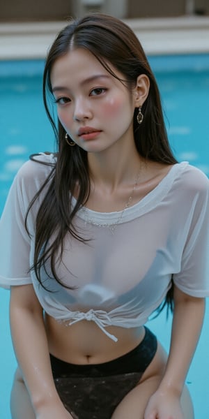 an asian woman is seated in a pool of water. Cinematic style, film still, high quality. a detailed, dreamy scene of jennie posing for a photoshoot. She is dressed in a white tie tshirt and inside is black bikini, tshirt is wet and transperent, adorned with a silver necklace. Her long, dark brown hair cascades over her shoulders. Her eyes are a piercing brown, and her lips are pursed. Her hands are inside of the pool, adding a touch of contrast to the scene. The pool is a vibrant blue, creating a stark contrast with the woman's body and the water. The backdrop is blurred, adding depth to the composition.