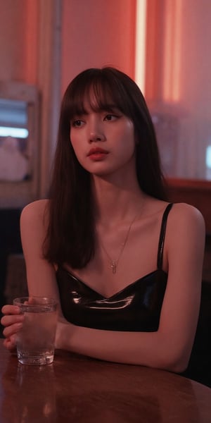 A sultry Asian woman, dressed in dark hues, sits pensively at a nightclub table, her tired gaze reflected in the glass of her drink. She wearing a shiny black clubwear clothing with long v necklone. The dimly lit room is shrouded in haze, with muted colors illuminated by subtle light leaks and cinematic lighting that creates a sense of depth, accentuating her contemplative pose amidst the vibrant nightlife.