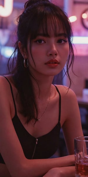 A sultry Asian woman sits pensively at a nightclub table, her tired gaze reflected in the glass of her drink. She wears alluring clubwear that accentuates her fit physique, paired with long, unkempt locks that frame her smoky eyes. The air is thick with haze and the muted colors of the nightclub ambiance, illuminated by subtle light leaks and cinematic lighting that creates a sense of depth. Her features are rendered in ultra-detailed photorealism, with intricate details and multi-colored lights dancing across the walls. The atmosphere is intimate and dreamy, like a still life photograph captured on a high-end camera like the Fujifilm XT3. (HDR, 8K UHD, photo realistic, cinematic)