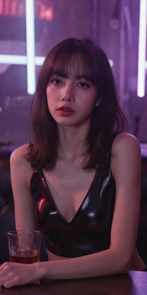 A sultry Asian woman, dressed in dark hues, sits pensively at a nightclub table, her tired gaze reflected in the glass of her drink. She wearing a shiny black clubwear clothing with long v necklone. The dimly lit room is shrouded in haze, with muted colors illuminated by subtle light leaks and cinematic lighting that creates a sense of depth, accentuating her contemplative pose amidst the vibrant nightlife.