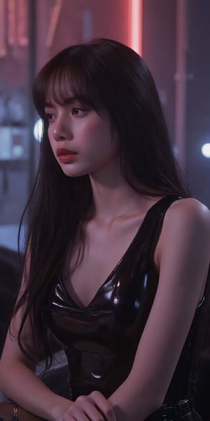 A sultry Asian woman, dressed in dark hues, sits pensively at a nightclub table, her tired gaze reflected in the glass of her drink. She wearing a shiny black clubwear clothing with long v necklone. The dimly lit room is shrouded in haze, with muted colors illuminated by subtle light leaks and cinematic lighting that creates a sense of depth, accentuating her contemplative pose amidst the vibrant nightlife.