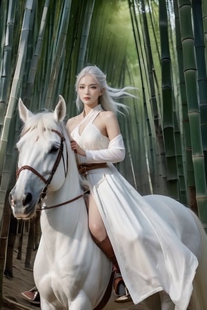 bamboo forest,snowing,white hair,White long dress, white horse, wielding a long sword,8k UHD,cure beauty