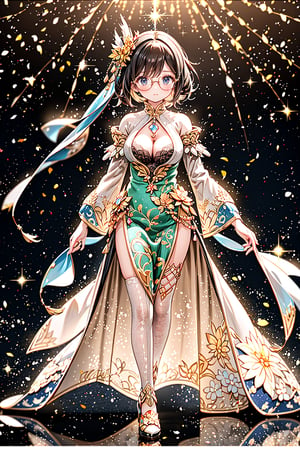 4k ,photo of a stunningly, amazing, looking at viewer, detailed eyes, wearing glasses, megane, short hair, medium tits, cleavage, an alluring woman wearing attire that appears as though it's woven from glistening threads of light. The fabric is nearly transparent, allowing her captivating figure to shine through. As she moves, the radiant material seems to emit a soft, otherworldly glow, adding to her allure and making her a truly enchanting sight to behold,yoona,1 girl,Pixel art,3D MODEL