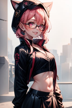 (masterpiece, best quality), 1girl,  Zoe_Palworld, short hair, looking at viewer, wearing glasses, megane, smile, long sleeves, hat, jacket, black jacket, black headwear, cat hat, animal ear headwear, pink eyes, midriff, crop top, black skirt,kleedef