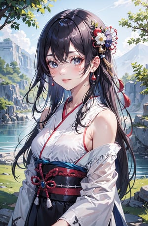 Masterpiece, intricate details, extremely detailed,  natural lighting, perfect face BREAK upper body, 1girl, solo, Herta, cute, petite, standing, (japanese haori:1.3), offshoulder, long sleeves, long hair, blush, light smile, small breasts, grey eyes, looking at viewer, BREAK nature, grassy plains, river stream, rocks,High detailed ,long hair