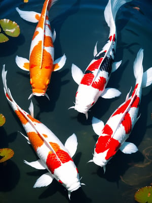 Several plump and round Japanese koi fish swim gracefully in the water, their chubby bodies adding a delightful touch as they move through the aquatic environment.
