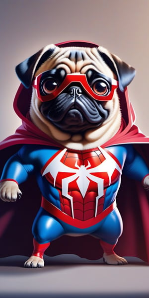 Create an elaborate, hilarious pug that accidentally transforms into an extremely chubby, hilarious superhero. Enrich the scene with an interesting background, perhaps showing the surprised reactions of confused bystanders or other Marvel characters. Make sure Spider-Man retains the iconic costume and let the entire composition radiate humor in this unique and fun superhero moment.