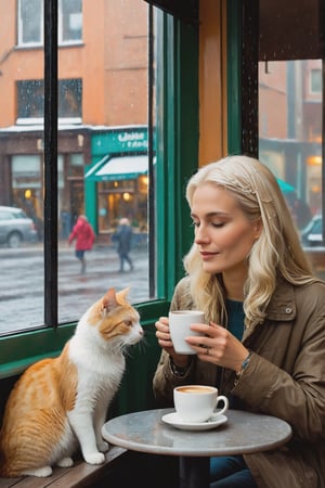 In this cozy coffee shop, two young women take center stage. The one with long, snowy-white hair possesses a fair complexion that complements the flowing locks. The other, sporting short and chic hair, gazes at her with eyes carrying a subtle hint of ambiguity.

Outside the window, a gentle drizzle paints the scene with a soft romantic touch. The long-haired woman, holding her coffee cup delicately, engages in conversation, while the short-haired one casts a gaze as tender as raindrops across her face.

Amidst this light rain afternoon, a small cat gracefully trots, unaffected by the raindrops, strolling outside the coffee shop. Its presence adds a touch of liveliness to the scene, infusing a playful charm into this intriguing encounter. This moment, frozen in time, captures a unique blend of tranquility and beauty.,Renaissance Sci-Fi Fantasy,aw0k euphoric style