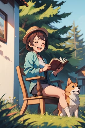 A lively and cheerful young person with short, stylish hair enjoys coffee and reads a book under the pine trees, accompanied by a cool and happy corgi.