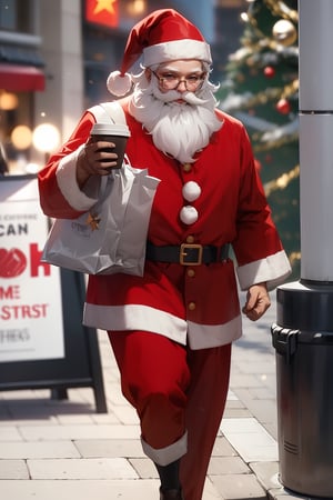 
ChatGPT
ChatGPT
A Santa Claus, holding a cup of coffee in one hand and carrying a gift bag in the other, looks like he's heading towards a coffee shop as if it were his own.