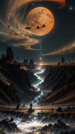 A tiny figure in the distance rides, Riding a Galvian stead, ((an alien horse-like creature with long narrow nose, back ridge plates, gills, and long flowing white tail)), across the baren landscape of an alien world, dust blows across the desert in swirls of sorrow, bright orange and pinks of an setting near dark alien moon, a Jovian world hangs in the furoin sky, she rides to the edge of the horizon, and to new tank city, photorealistic, hyperdetailed, sadness and forlorn, an ending, extreme long shot, vast distances, 64k resolution,High detailed 