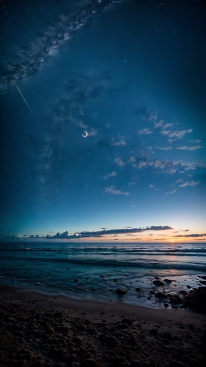 A wide and paradisiacal beach of fine white sand, when ((it is still night:1.7)) some time before dawn. We can still see numerous stars in the cobalt sky. ((The brightness of Venus stands out at 40 degrees above the horizon)). A glimpse of clarity begins to appear on the horizon from the darkness of the night. The tide is going out. Beautiful Beach
