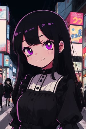 gothic woman wearing,black gothic dress,mature,cute,black crown,face,purple eye shade,long black hair,short,ultra detailed,highres,cinematic,full shot,cute smile,lofi,Pop art,90s anime asthetic,retro,best,thick quality ,masterpiece,Tokyo streets at night