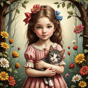 Whimsical folk art picture of a (little sweet girl) and (cat) hugging each other.
,Perfect skin