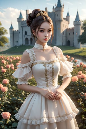 high resolution, (1 girl 15 years old), solo, ((extra wide shot)), Waist up portrait, (long hair:1.6), (hair bun), garnet hair color, purple eyes, (ultra detailed), High quality shadow, 4K, ((beautiful face)), beautiful body, (beauty skin), best quality, ((masterpiece)), vintage end table, (Full fry breakfast on sunny morning food), (vintage tea cup with hot tea with steamed), extremely detailed cg, suggestive, (intricate details: 1.3), slim waist, (high quality wear and cloth), Ruffle Pleated Chiffon taffy dress, realistic, illustration, (outdoor), peacock, look at viewer, best ratio four finger and one thumb, ((behind view:1.6)), (sunrise in the field),  ((arctic cloth color)), quality hand, High quality texture, a realistic representation of the face, (lie face down: 1.4), clear light, Red and peach roses in gold flower, ((an ancient fantasy city and castle background)), (Beautiful and clean nails), pearls, ornament