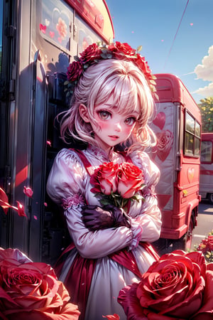rose in object, ultra detailed, (masterpiece, top quality, best quality, official art, perfect face:1.2), UHD, (cinematic, azure and light pink:0.85), (muted colors, dim colors), falling petals, purple roses, multicolor rose, happiness, (action hearts:1.4), (full field roses :1.4), (Flower in recreation Vehicle: 1.5), motorhome, flowers, rose,  twice light, perfect shadow,