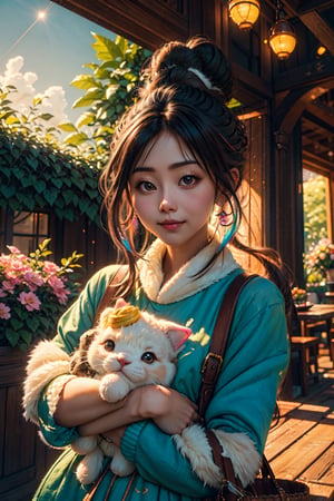 (best quality,ultra-detailed,cute animals,vivid colors,soft lighting,digital illustration,fluffy fur,playful expressions,adorable poses,dreamy atmosphere,colorful surroundings), (long hair with bun :1.5), digital art, child, cute cat, 16K, cool wallpaper, things, jasmine, pillows, clutter, toy, basket, wood, pot, can copper, garden yard, circle face, smile, sharp focus, HDR,Cutehair, long hair, onitsuka, Add more details