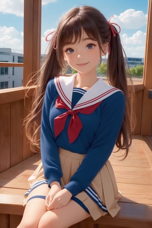 (perfect face), top quality, (official art :1.2), UHD, HDR, 16K, 8K, vivid color, (high quality:1.3), (masterpiece, best quality:1.4), (ultra detailed, ultra highres), sharp focus, extremely detailed CG, cute hair style (illustration:1.2), (photorealisitc :1.37), high contrast, colorful, ((school uniform)), brown hair, long hair, bangs, hair ribbon, brown eyes, hair tucking,
skirt, socks, bag, pleated skirt, school bag, loafers, looking at viewer, wind, neckerchief, long sleeves, kneehighs, sailor collar, sky, railing, brown footwear, petals, leaf, ribbon ,slender hands, (extremely beautiful, super cute:1.3), (detailed face, rosy skin, perfect eyes, detailed pupil), (cute animal:1.4), stairs, mandarin orange, dusk, duck toy, adorable, cloud, 1girl, solo, (smile), (dynamic action pose :1.2), (looking at camera:1.3), intricate details, (detailed high school background, school building :1.4) ,Charm of beauty twintails hair ribbon,window views