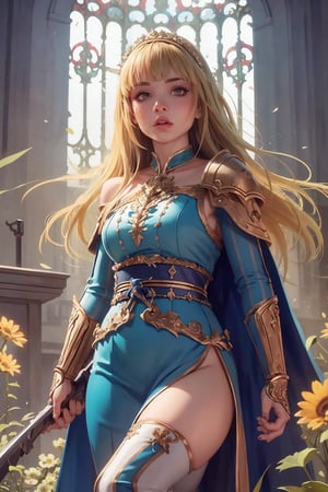 masterpiece, official art, ((ultra detailed)), (ultra quality), high quality, perfect face, 1 girl with long hair, blond-green hair with bangs, bronze eyes, detailed face, wearing a fancy ornate (((folk dress))), shoulder armor, armor, glove, hairband, hair accessories, striped, (holding the great weapon:1.7), jewelery, thighhighs, pauldrons, side slit, capelet, vertical stripes, looking at viewer, fantastical and ethereal scenery, daytime, church, grass, flowers. Intricate details, extremely detailed, incredible details, full colored, complex details, hyper maximalist, detailed decoration, detailed lines, best quality, HDR, dynamic lighting, perfect anatomy, realistic, more detail, Architect