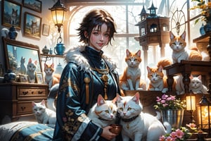 (best quality,ultra-detailed,cute animals,vivid colors,soft lighting,digital illustration,fluffy fur,playful expressions,adorable poses,dreamy atmosphere,colorful surroundings), (art by Makoto :1.5), digital art, child, cute cat, 16K, cool wallpaper, things, jasmine, pillows, clutter, toy, basket, wood, pot, can copper, garden yard, circle face, smile, sharp focus, HDR, long hair, Add more details