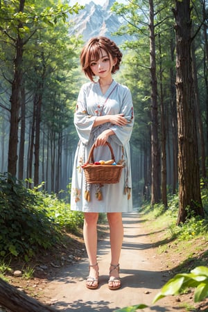 (best quality),(masterpiece:1.1),(extremely detailed CG unity wallpaper:1.1), (colorful cloth :1.3),(panorama shot:1.4),looking at viewer, from below, high res, detailed face, detailed eyes, 1 girl, solo, short-bob roughtly cut and two braided hair-bangs tied behind her head, cute hairstyle, full body, mountain forest , outdoors, (perfect fingers :1.4), perfect face, five fingers for each hand, fantasy, hugging basket , Exquisite face,Isometric_Setting,KibaManamiManityro