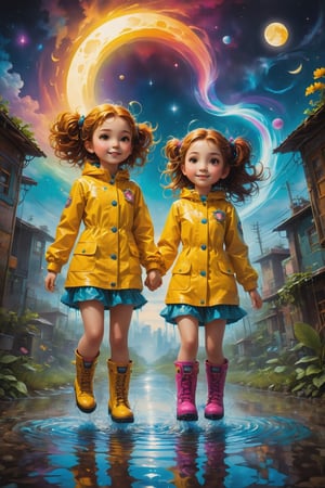 ultra detailed, (masterpiece, top quality, best quality, official art, beautiful and aesthetic:1.2),  Two girls playing in puddles wearing rain boots. In the center of the puddles,  there is a clear reflection of the transparent water surface with bright light reflecting upon it. The girls are dressed in yellow raincoats and wearing boots,  allowing them to play in the puddles without getting wet. One of them is an energetic girl with her hair tied up in pigtails,  while the other has cute short twin tails. Holding hands,  they jump and frolic,  creating splashes of water. The weather is fine after the rain,  and a vibrant rainbow stretches across the background,  creating a joyful atmosphere,  Dark night,  wind blowing,  stary night,  night sky,  absurderes,  high resolution,  Ultra detailed backgrounds,  highly detailed hair,  Calm tones,  (Geometry:1.42),  (Symmetrical background:1.4),  Photograph the whole body,  from below,  Backlighting of natural light,  falling petals,  the source of light is the moon light,  colorful wear,  (adorable difference face:1.4), (sharp focus:1.3), cyberpunk style,xxmixgirl, in the style of esao andrews,esao andrews style,esao andrews art