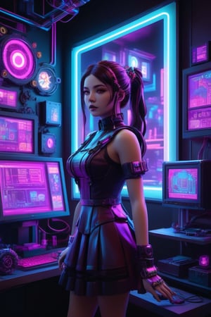 (ultra detailed, ultra highres), (masterpiece, top quality, best quality, official art :1.4), (high quality:1.3), 3D pixel art scene, isometric view. Anime-style characters and objects composed of colorful voxels. High contrast lighting with neon accents. Focal point: Gothic Lolita girl working in a cyberpunk workshop. - Girl: Black and white frilly dress, platform boots, twin-tails hairstyle - Face: Large pixel eyes, rosy cheeks, small mouth - Accessories: Pixel bow, chunky jewelry Cyberpunk workshop details: - Cluttered workbench with pixelated tools and gadgets - Holographic screens displaying scrolling code - 3D printer creating a glowing object - Exposed neon tubes and cables on walls - Floating robot assistant with pixelated emotes Environmental elements: - Steampunk-inspired gears and pipes in background - Retro-futuristic computer terminals - Voxel smoke or steam rising from machinery Color palette: Deep purples, electric blues, neon pinks, and cyber greens against darker background Lighting: Dramatic shadows and highlights emphasizing 3D nature of pixels - Glow effects from screens and neon signs - Reflection on metallic surfaces Additional details: - Pixelated posters of anime characters on walls - Voxel cat familiar perched on a shelf - Cubic plants in geometric planters Animation suggestion (if applicable): Subtle pixel movements like blinking lights, rotating gears, or floating particles,Pixel Art,1girl