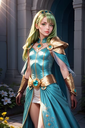 score_9, score_8_up, score_8, masterpiece, official art, ((ultra detailed)), (ultra quality), high quality, perfect face, 1 girl with long hair, blond-green hair with bangs, bronze eyes, detailed face, wearing a fancy ornate (((folk dress))), shoulder armor, armor, glove, hairband, hair accessories, striped, (holding the great weapon :1.4), jewelery, thighhighs, pauldrons, side slit, capelet, vertical stripes, looking at viewer, fantastical and ethereal scenery, daytime, church, grass, flowers. Intricate details, extremely detailed, incredible details, full colored, complex details, hyper maximalist, detailed decoration, detailed lines, best quality, HDR, dynamic lighting, perfect anatomy, realistic, more detail, Architecture, full juicy lips, perfect green eyes, (soft cute face)