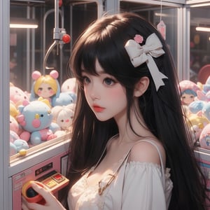 1girl, best quality, ultra-detailed, (((masterpiece))), (((best quality))), extremely detailed, ((claw machine)), ((claw is clamping a doll box up)), hand on bottom panel, control joystick and press button with hand, cleavage, big tits, ribbon, beige lace overalls, black updo longhair, shy, blush, petite figure proportion, claw machine, Glittering, cute and adorable, (perfect lighting, perfect shadow), dreamlike scenery,Realism, blending colors,vibrant hues, amazing photo, wearing dress pretty bow, Chibi, 