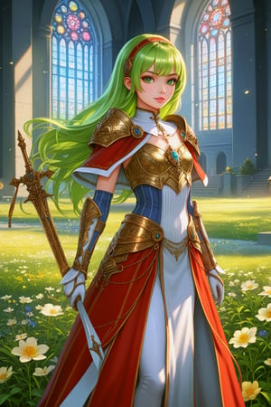 score_9, score_8_up, score_8, masterpiece, official art, ((ultra detailed)), (ultra quality), high quality, perfect face, 1 girl with long hair, blond-green hair with bangs, bronze eyes, detailed face, wearing a fancy ornate (((folk dress))), shoulder armor, armor, glove, hairband, hair accessories, striped, (holding the great weapon :1.4), jewelery, thighhighs, pauldrons, side slit, capelet, vertical stripes, looking at viewer, fantastical and ethereal scenery, daytime, church, grass, flowers. Intricate details, extremely detailed, incredible details, full colored, complex details, hyper maximalist, detailed decoration, detailed lines, best quality, HDR, dynamic lighting, perfect anatomy, realistic, more detail, Architecture, full juicy lips, perfect green eyes, (soft cute face)