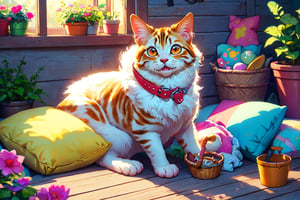 (best quality,ultra-detailed,cute animals,vivid colors,soft lighting,digital illustration,fluffy fur,playful expressions,adorable poses,dreamy atmosphere,colorful surroundings), (art by Makoto :1.5), digital art, child, cute cat, 16K, cool wallpaper, things, jasmine, pillows, clutter, toy, basket, wood, pot, can copper, garden yard, circle face, smile, sharp focus, HDR,Cosplay,onitsuka_natsumi_lovelivesuperstar,Add more details