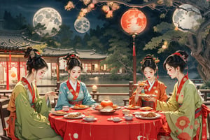 (Best quality, masterpiece, detailed details), Chinese illustration, Chinese traditional festivals, Mid-Autumn Festival, full moon background, many people, detailed details, emotional expressions, a family dinner, the moon, Chinese lanterns, a table of delicious food, Mid-Autumn Festival Festival, traditional culture, there are many people of different styles in the scene, some closer to the front, some closer to the back, full of hidden details, epic scenes, crazy photography 16K resolution,Meimei,1girl,isaku