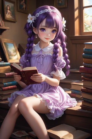 beautiful details, perfect focus,high resolution, exquisite texture in every detail, looking at viewer, blush, smile, bangs, copper eyes, hair ornament, purple hair, hair rings, twin braids, hair ribbon, hair between eyes, 
adorable girl dressed in a (Bisque Doll-like girl outfit: 1.1) The charming ensemble features a frilly collar and cuffs, with delicate lace details, ((1girl 15yo)), (female child, loli:1.3),  ((waist up body of Dilraba Dilmurat)), (Realistic: 1.2), (illustration: 1.2), (perfect eyes:1.3, perfect face:1.3), long eyelashes, perfect lighting, perfect shading, (best quality, masterpieces), (realphoto , photographic, 35mm f2.0:1.4),(Western, old school :1.2), fantasy, (beautiful girl:1.2), (beautiful face:1.2), (Small room, cluttered room, stairs:1.2),(book:1.6), Books are scattered all over the place, colorful dynamic, (sitting_on_stairs:0), sitting, (reading a book, looking at book,looking at another:1.4), expressionless, dutch angle, barefoot, side lighting, dynamic color hair,
(ultra-detailed, vivid colors,soft lighting, digital illustration) expressions, (dreamy atmosphere, colorful surroundings), digital art, 8K, 16K, cool wallpaper, things, jasmine, pillows, clutter, wood toy, sharp focus, HDR, Add more details,perfect fingers,