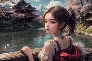 ((1girl)),solo, long hair, brown hair, black hair, dress, sitting, ponytail, outdoors, sky, day, cloud, water, from behind, white dress, tree, cherry blossoms, building, instrument, scenery, reflection, mountain, watercraft, architecture, house, bridge, east asian architecture, river, boat,