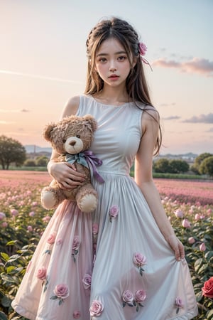 ultra detailed,  (masterpiece,  top quality,  best quality,  official art,  perfect face:1.2),  UHD,(cinematic, azure and light pink:1),  (muted colors,  dim colors),  falling petals , happiness, (trendy cloth :1.4), fashion dress, (full field roses :1.4), (((hold a teddy bear))), (dynamic action posing), tree house, park, swing, (pink-yellow sky :1.2), cute_girl, pastel flowers , lilac, rose, Line art,1girl, Light master