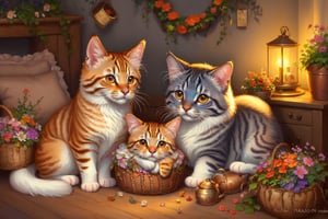 (best quality,ultra-detailed,cute animals,vivid colors,soft lighting,digital illustration,fluffy fur,playful expressions,adorable poses,dreamy atmosphere,colorful surroundings), (art by Makoto :1.5), digital art, child, cute cat, 16K, cool wallpaper, things, flowers, pillows, clutter, toy, basket, wood, pot, can copper, garden yard, circle face, smile, sharp focus, HDR,