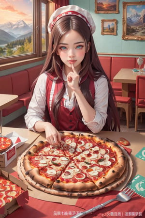 (ultra detailed, ultra highres), (masterpiece, top quality, best quality, official art :1.4), (high quality:1.3), cinematic, (muted colors, dim colors), (perfect eyes, perfect face:1.3), long-lenses photograph, realistic, UHD, 16K, 8K, warm glow, with mountains and valleys, stunning light, wind is blowing, sharp focus, extremely detailed CG, (perfect hands, perfect fingers, nice hands), photorealistic, casual wear, (1girl with shiny long hair:1.4), (seafood pizza), (many pizza on shelf), food showcase, (pizza shop interior: 1.4), (color: taffy, mint, Celeste, buttermilk), more detail ,Blueeyes
