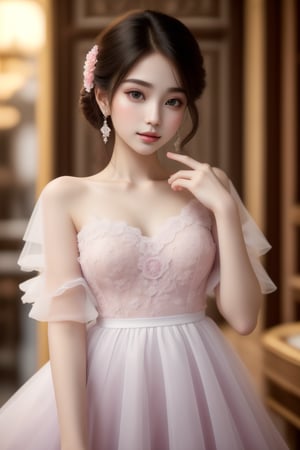 ultra detailed,  (masterpiece,  top quality,  best quality,  official art, perfect face:1.2),  UHD,(cinematic, azure and light pink:0.85), 32K, (Beautifully Detailed Face and Fingers), (Five Fingers) Each Hand,  (muted colors,  dim colors), vanilla dress, young beautiful girl, dynamic posing, old Library, magic, potions shop, art, 1girl, Haute_Couture,AoiDef,