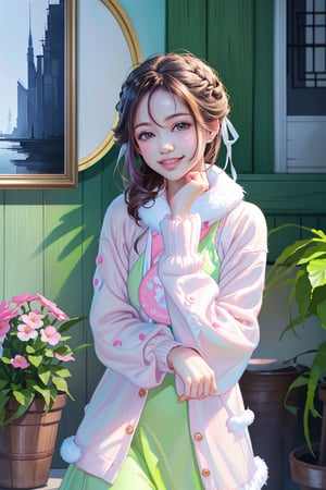 (best quality,ultra-detailed,cute animals,vivid colors,soft lighting,digital illustration,fluffy fur,playful expressions,adorable poses,dreamy atmosphere,colorful surroundings), (art by Makoto :1.5), digital art, child, cute cat, 16K, cool wallpaper, things, jasmine, pillows, clutter, toy, basket, wood, pot, can copper, garden yard, circle face, smile, sharp focus, HDR, cute hair, long hair, more details,frilled_sleeves,white_ribbon, cardigan