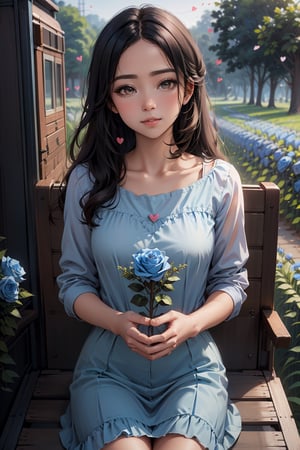 rose in object, ultra detailed, (masterpiece, top quality, best quality, official art, perfect face:1.2), UHD, (cinematic, azure and light pink:0.85), (muted colors, dim colors), falling petals, purple roses, multicolor rose, happiness, (action hearts:1.4), (full field roses :1.4), (blue rose in recreation Vehicle: 1.5), flowers, rose,Nature,firefliesfireflies,ruanyi0249