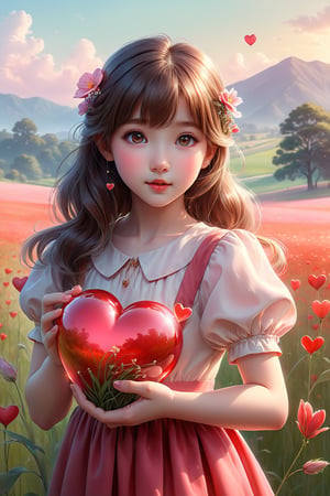 (masterpiece), (absurdres:1.3), (ultra detailed), HDR, UHD, 16K, ray tracing, vibrant eyes, perfect face, award winning photo, A silhouette of a young girl with flowing hair, standing in a field. She holds a red heart-shaped object, possibly a flower, in her hand. The background is framed within a heart shape, with a gradient of colors transitioning from a light beige at the top to a darker hue at the bottom. The overall mood of the image is serene and dreamy, evoking feelings of love and tranquility., painting, conceptual art, illustration shiny skin, (shy blush:1.1), (dynamic action pose:1.3) ,slightly smile, lens flare, photo quality, big dream eyes, ((perfect eyes, perfect fingers)) ,kawaii, (Sharp focus realistic illustration:1.2), adorable,