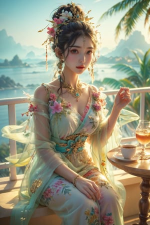 ultra detailed, (masterpiece, top quality, best quality, official art, perfect face:1.2), UHD, cinematic, (muted colors, dim colors), perfect face, perfect eyes, long-lenses photograph, realistic, 8K, 16K, with mountains and valleys, dynamic lighting, (1girl), in an outdoor restaurant overlooking the ocean, table has food and drinks, candles, vibrant colors, she is styling with a Hawaiian dress, detailed expressive eyes, bright mood lighting coconut tree, foliage, potted plants, treehouse, balcony, photorealistic, masterpiece, romance, Line art,Ancient Chinese style